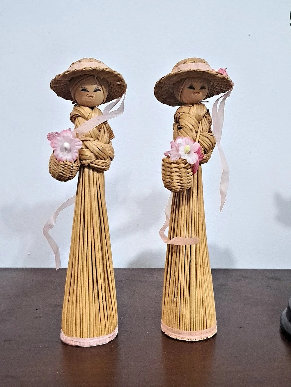 Vintage Broom Bristle Doll Korean Folk Art Straw Dolls Handmade Pair Twins